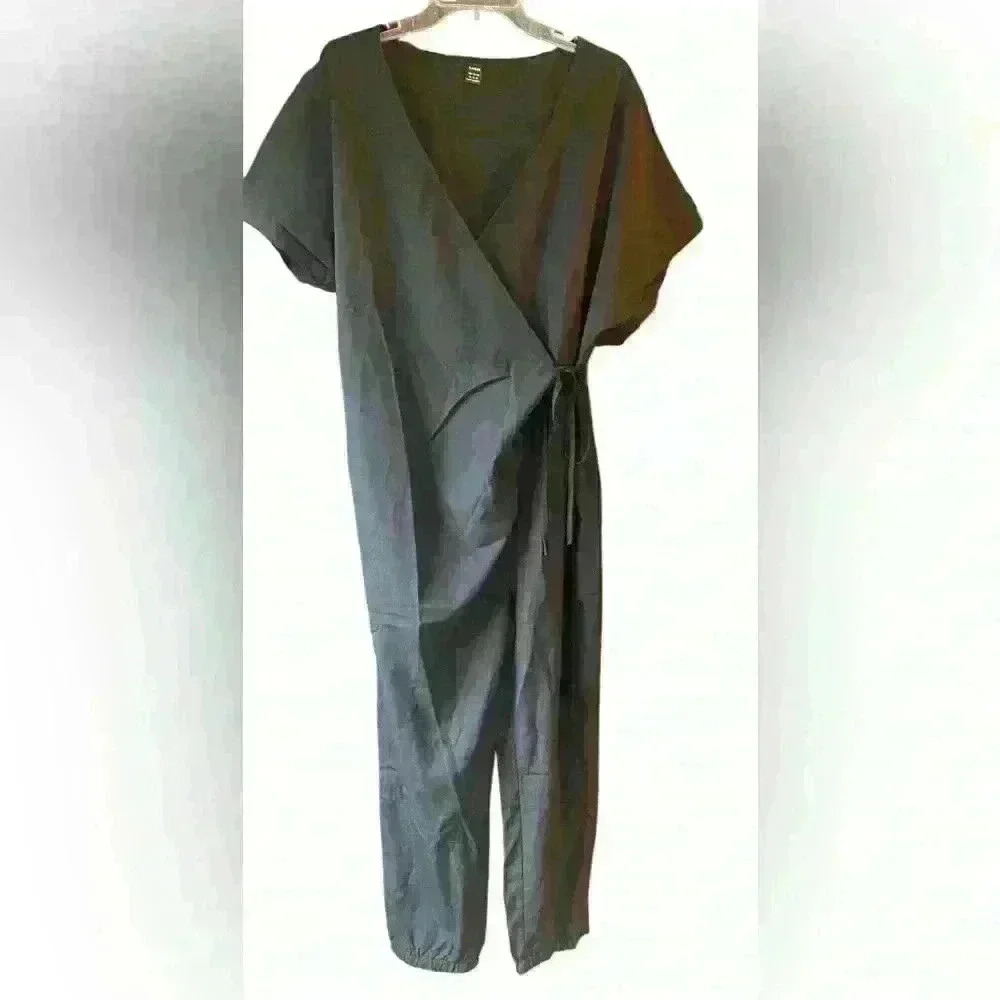 SHEIN LUNE Women Plain Casual Short Sleeve Black Wrap Jumpsuit. Size XL 12 NWT